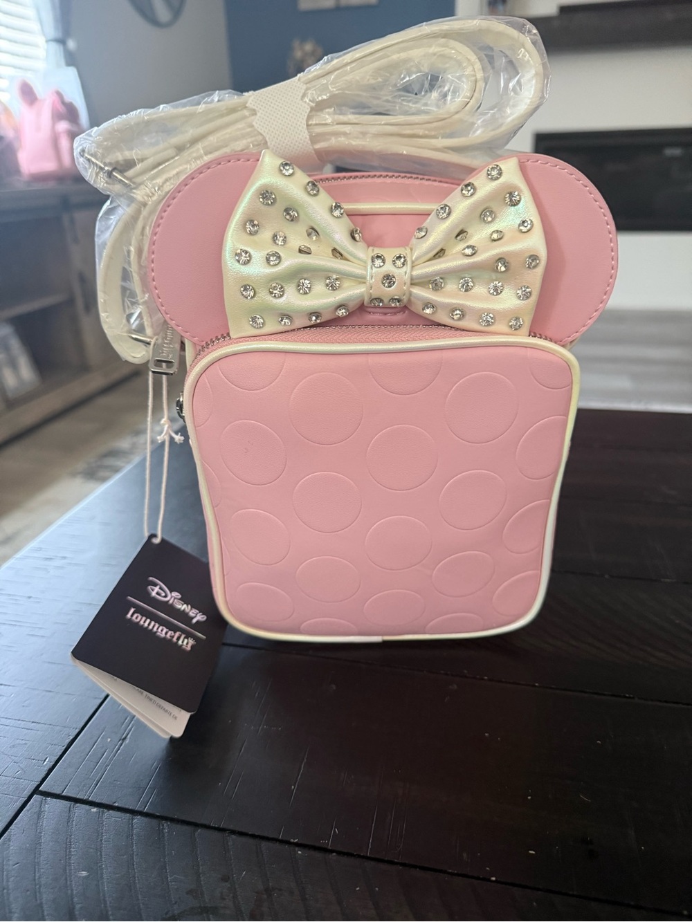 NWT Disney Loungefly Pink Minnie Ear Crossbody Bag with Ivory Bow